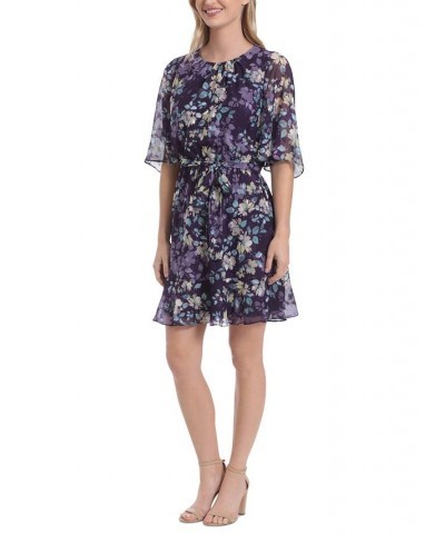 Petite Floral-Print Sheer-Sleeve Flounce Dress Purple $29.50 Dresses