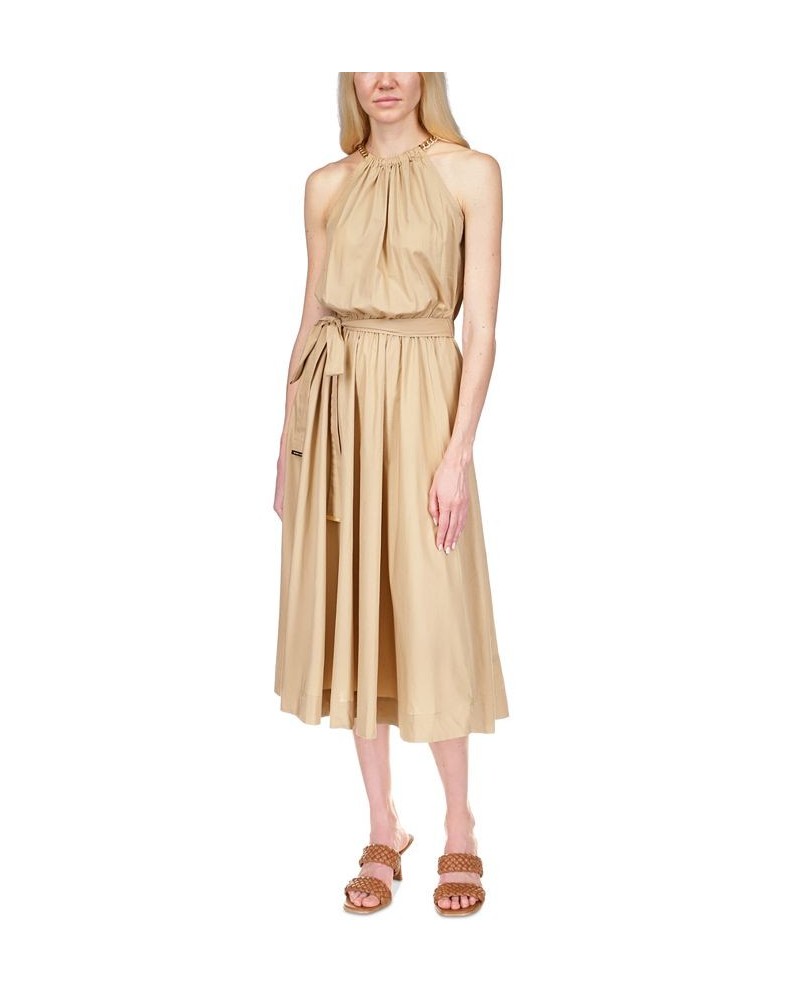 Women's Cotton Chain Halter Dress Khaki $38.10 Dresses