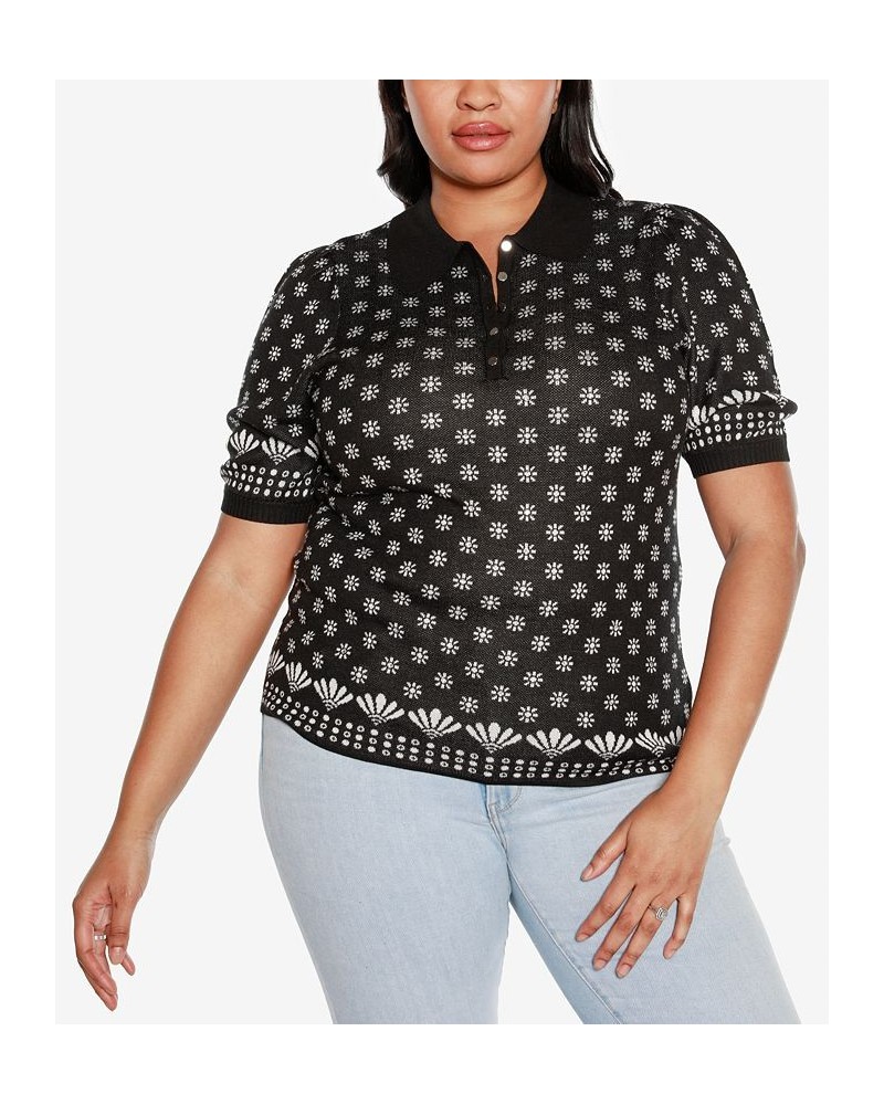 Black Label Plus Size Floral Jacquard Puff Sleeve Henley Sweater Black Combo $30.25 Sweaters