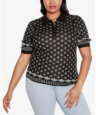 Black Label Plus Size Floral Jacquard Puff Sleeve Henley Sweater Black Combo $30.25 Sweaters