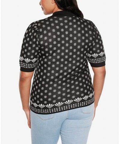 Black Label Plus Size Floral Jacquard Puff Sleeve Henley Sweater Black Combo $30.25 Sweaters