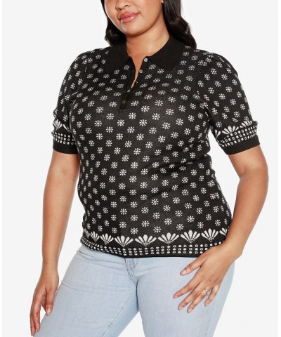 Black Label Plus Size Floral Jacquard Puff Sleeve Henley Sweater Black Combo $30.25 Sweaters