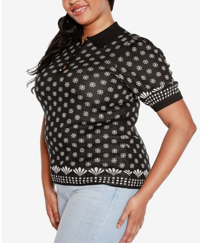 Black Label Plus Size Floral Jacquard Puff Sleeve Henley Sweater Black Combo $30.25 Sweaters