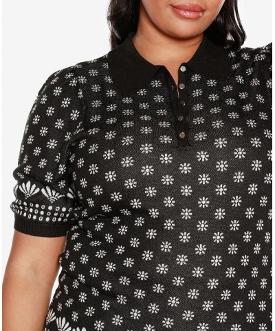 Black Label Plus Size Floral Jacquard Puff Sleeve Henley Sweater Black Combo $30.25 Sweaters