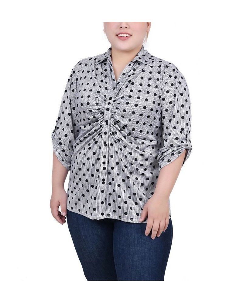 Plus Size 3/4 Roll Tab Rouched-Front Top Black White Abstract Dot $11.97 Tops