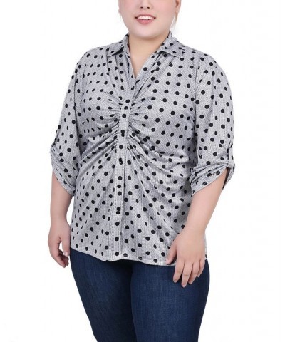 Plus Size 3/4 Roll Tab Rouched-Front Top Black White Abstract Dot $11.97 Tops