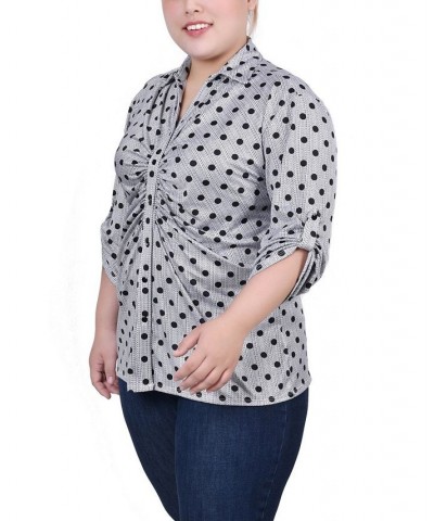 Plus Size 3/4 Roll Tab Rouched-Front Top Black White Abstract Dot $11.97 Tops