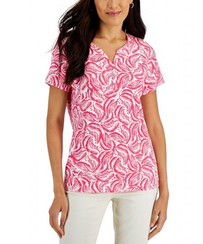 Women's Short-Sleeve Printed Henley Top Red $10.99 Tops