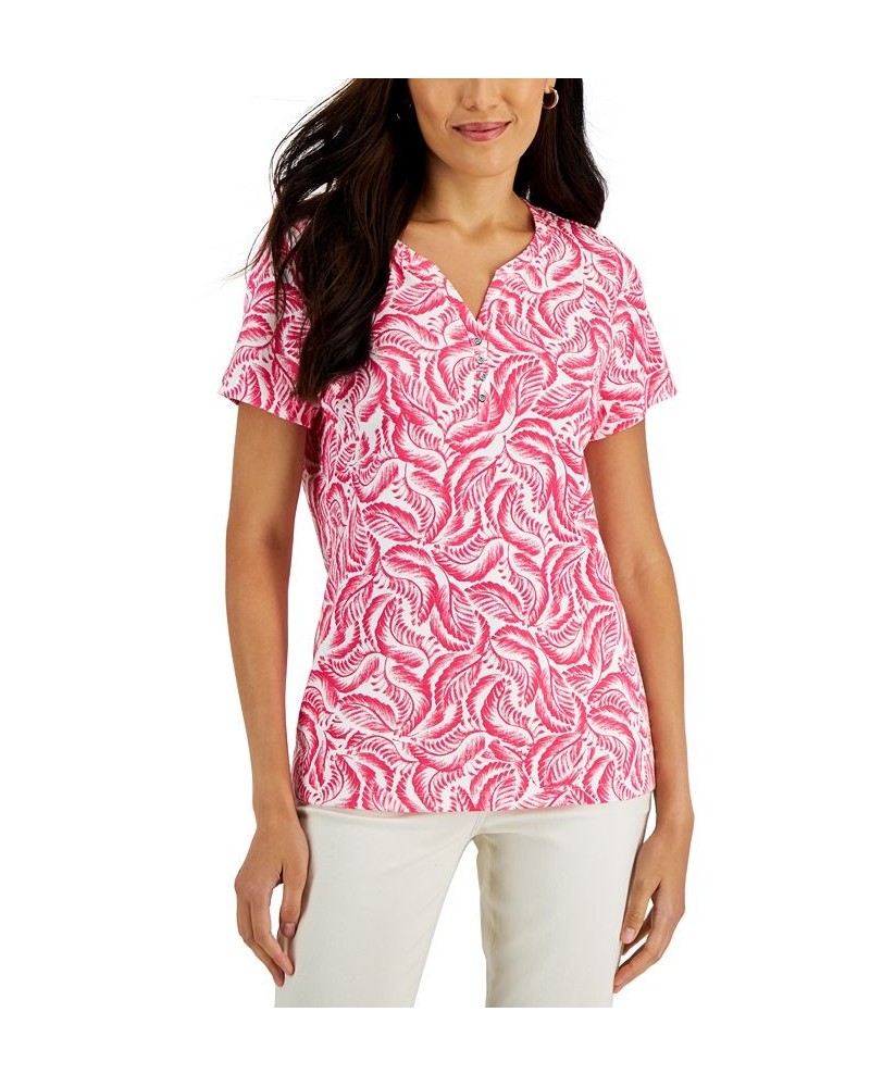 Women's Short-Sleeve Printed Henley Top Red $10.99 Tops