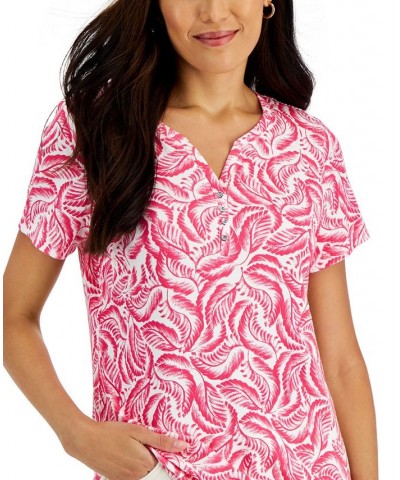 Women's Short-Sleeve Printed Henley Top Red $10.99 Tops