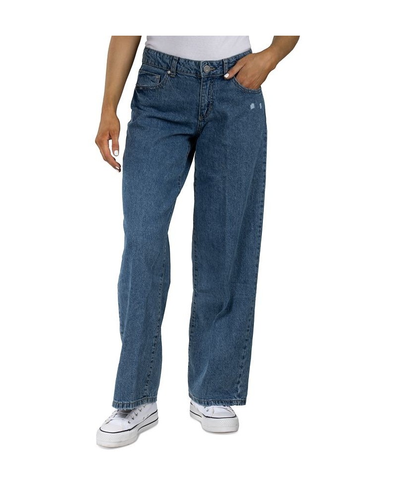 Juniors' Cotton Distressed Wide-Leg Jeans Dark Blue $21.84 Jeans