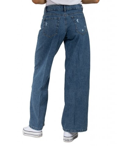 Juniors' Cotton Distressed Wide-Leg Jeans Dark Blue $21.84 Jeans