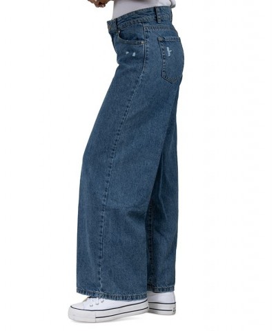 Juniors' Cotton Distressed Wide-Leg Jeans Dark Blue $21.84 Jeans