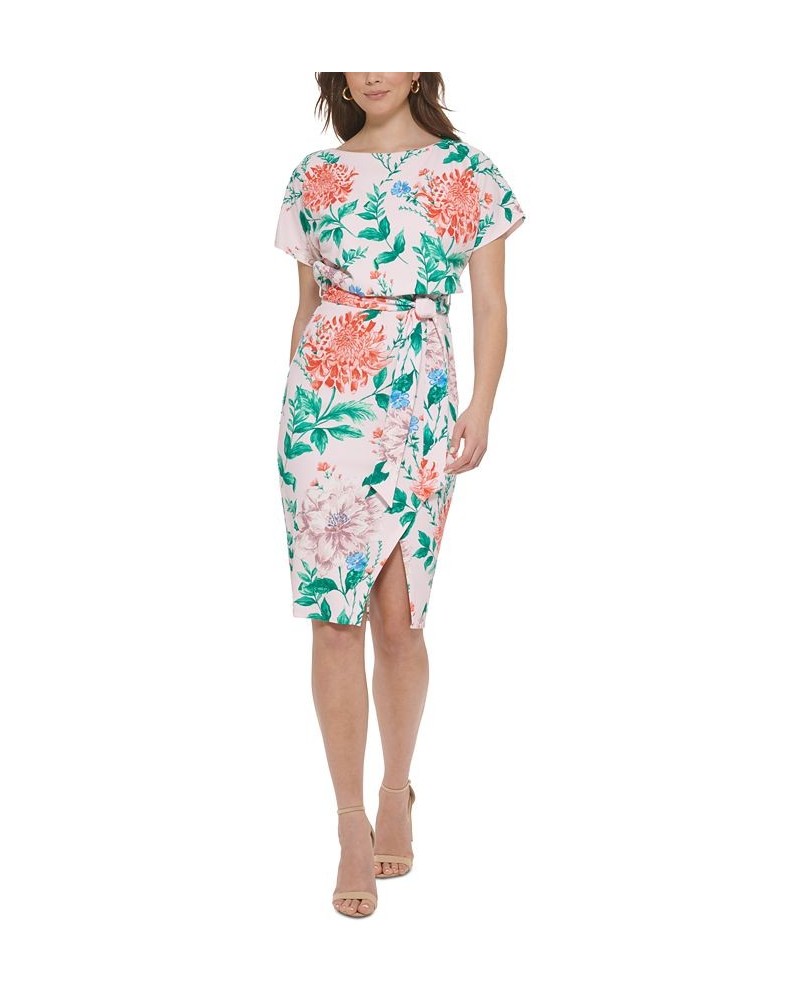 Women's Floral-Print Tie-Waist Sheath Dress Blush Multi $48.38 Dresses