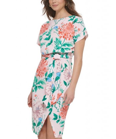 Women's Floral-Print Tie-Waist Sheath Dress Blush Multi $48.38 Dresses