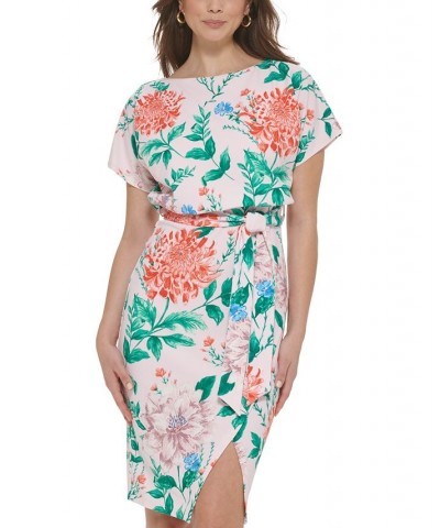 Women's Floral-Print Tie-Waist Sheath Dress Blush Multi $48.38 Dresses