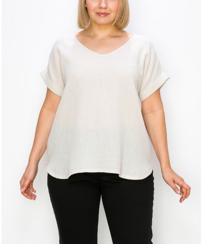 Plus Size Gauze V-neck Rolled Sleeve Top Tan/Beige $21.50 Tops