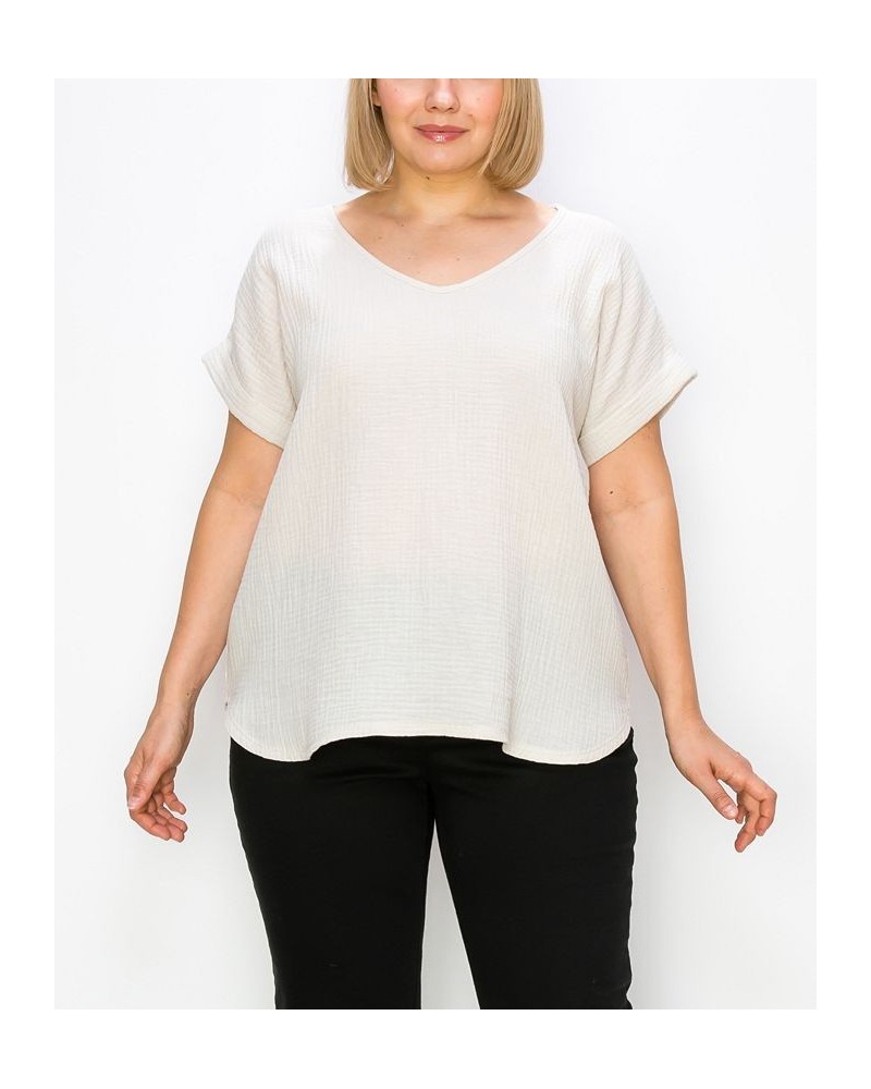 Plus Size Gauze V-neck Rolled Sleeve Top Tan/Beige $21.50 Tops