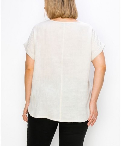 Plus Size Gauze V-neck Rolled Sleeve Top Tan/Beige $21.50 Tops