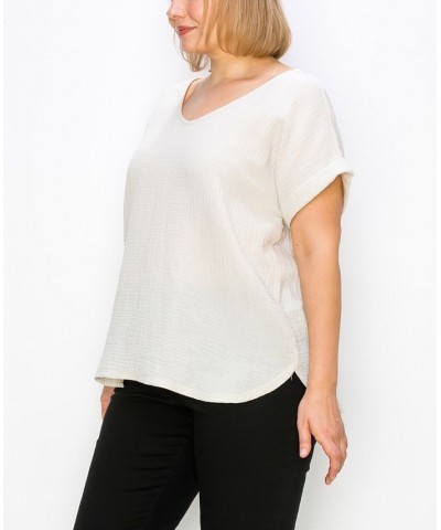 Plus Size Gauze V-neck Rolled Sleeve Top Tan/Beige $21.50 Tops