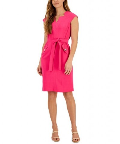 Women's V-Neck Belted Cap-Sleeve Sheath Dress Pink $43.60 Dresses