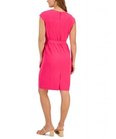 Women's V-Neck Belted Cap-Sleeve Sheath Dress Pink $43.60 Dresses