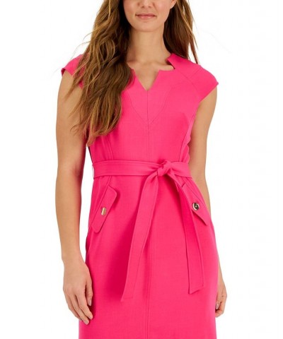 Women's V-Neck Belted Cap-Sleeve Sheath Dress Pink $43.60 Dresses