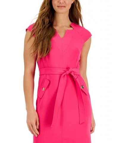 Women's V-Neck Belted Cap-Sleeve Sheath Dress Pink $43.60 Dresses