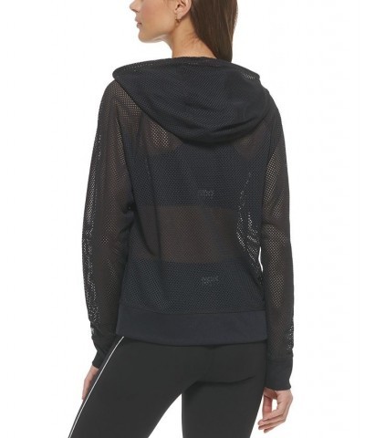 Women's Solid-Color Mesh Relaxed Zip Hoodie Black $21.89 Sweatshirts