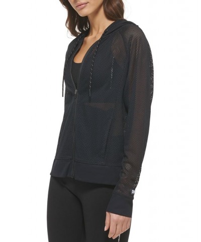 Women's Solid-Color Mesh Relaxed Zip Hoodie Black $21.89 Sweatshirts