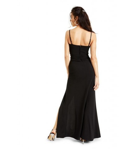 Juniors' Ruched Side-Slit Slim Gown Black $35.55 Dresses