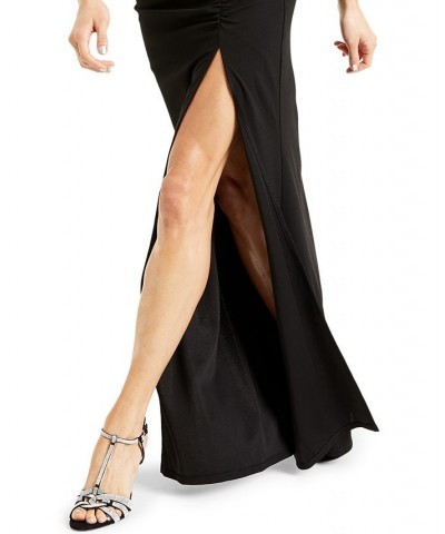 Juniors' Ruched Side-Slit Slim Gown Black $35.55 Dresses