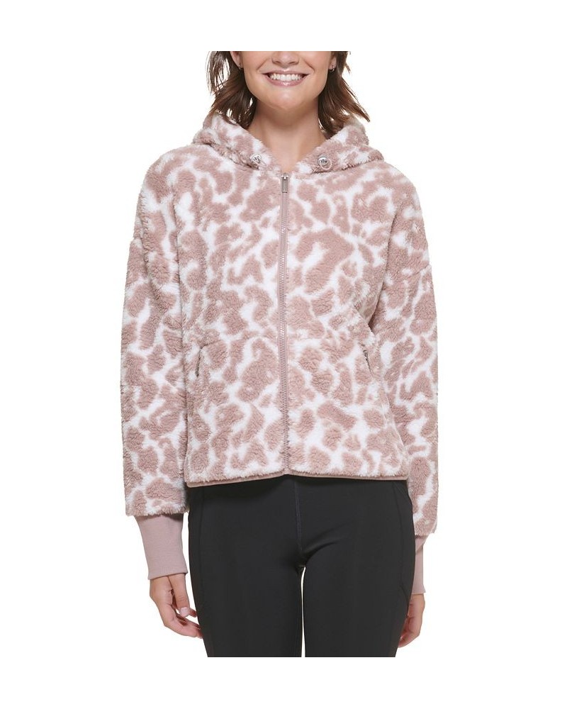 Women's Fuzzy Animal-Print Hooded Zipper Jacket Pink $30.66 Jackets