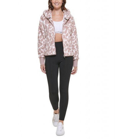 Women's Fuzzy Animal-Print Hooded Zipper Jacket Pink $30.66 Jackets