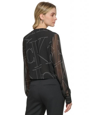 Women's Long-Sleeve V-Neck Logo Blouse Black $36.70 Tops