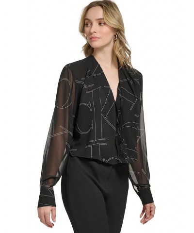 Women's Long-Sleeve V-Neck Logo Blouse Black $36.70 Tops