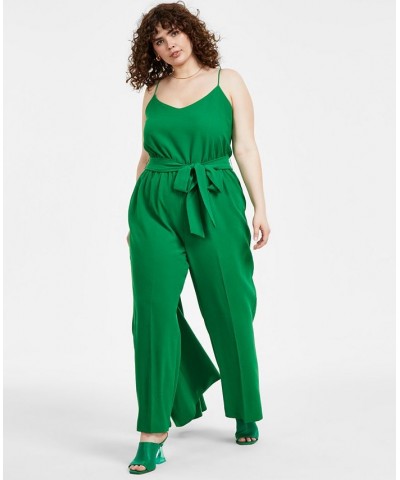 Plus Size Textured Crepe Belted V-Neck Jumpsuit Green Chili $59.50 Pants