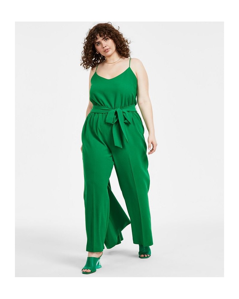 Plus Size Textured Crepe Belted V-Neck Jumpsuit Green Chili $59.50 Pants