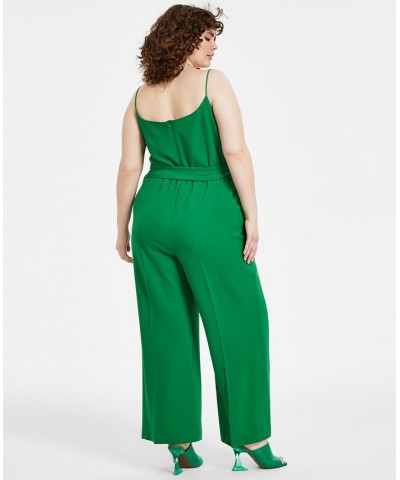 Plus Size Textured Crepe Belted V-Neck Jumpsuit Green Chili $59.50 Pants