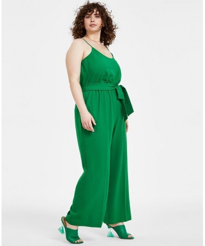 Plus Size Textured Crepe Belted V-Neck Jumpsuit Green Chili $59.50 Pants