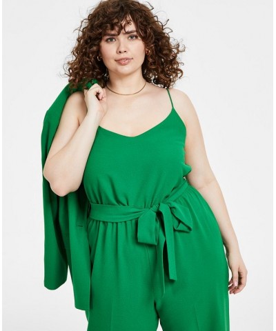 Plus Size Textured Crepe Belted V-Neck Jumpsuit Green Chili $59.50 Pants