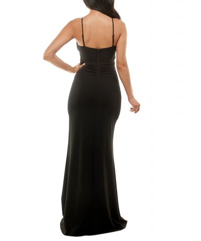 Juniors' Ruched Side-Slit Slim Gown Black $35.55 Dresses