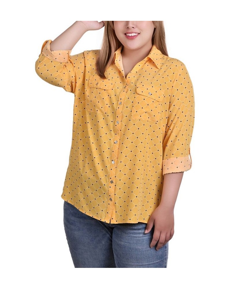 Plus Size 3/4 Sleeve Roll Tab Notch Collar Blouse White Diamond Plaid $16.64 Tops