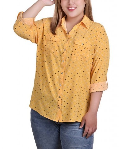 Plus Size 3/4 Sleeve Roll Tab Notch Collar Blouse White Diamond Plaid $16.64 Tops