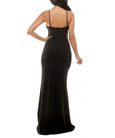 Juniors' Ruched Side-Slit Slim Gown Black $35.55 Dresses