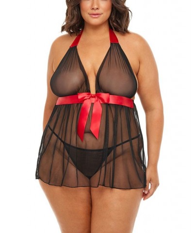 Plus Size Penelope Soft Cup Halter Babydoll with Bow Set Black, Red $15.27 Lingerie