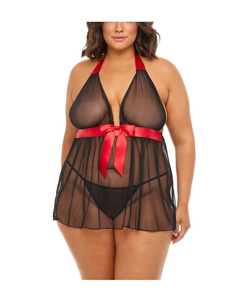 Plus Size Penelope Soft Cup Halter Babydoll with Bow Set Black, Red $15.27 Lingerie