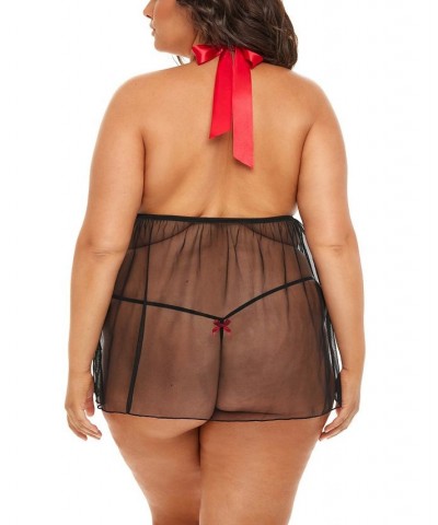 Plus Size Penelope Soft Cup Halter Babydoll with Bow Set Black, Red $15.27 Lingerie