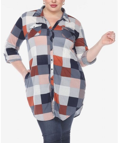 Plus Size Plaid Tunic Shirt Blue and Brown $27.90 Tops