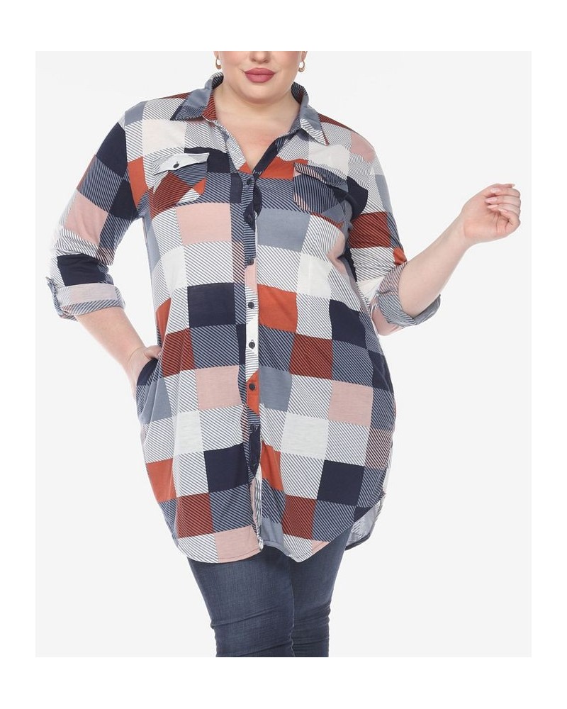 Plus Size Plaid Tunic Shirt Blue and Brown $27.90 Tops